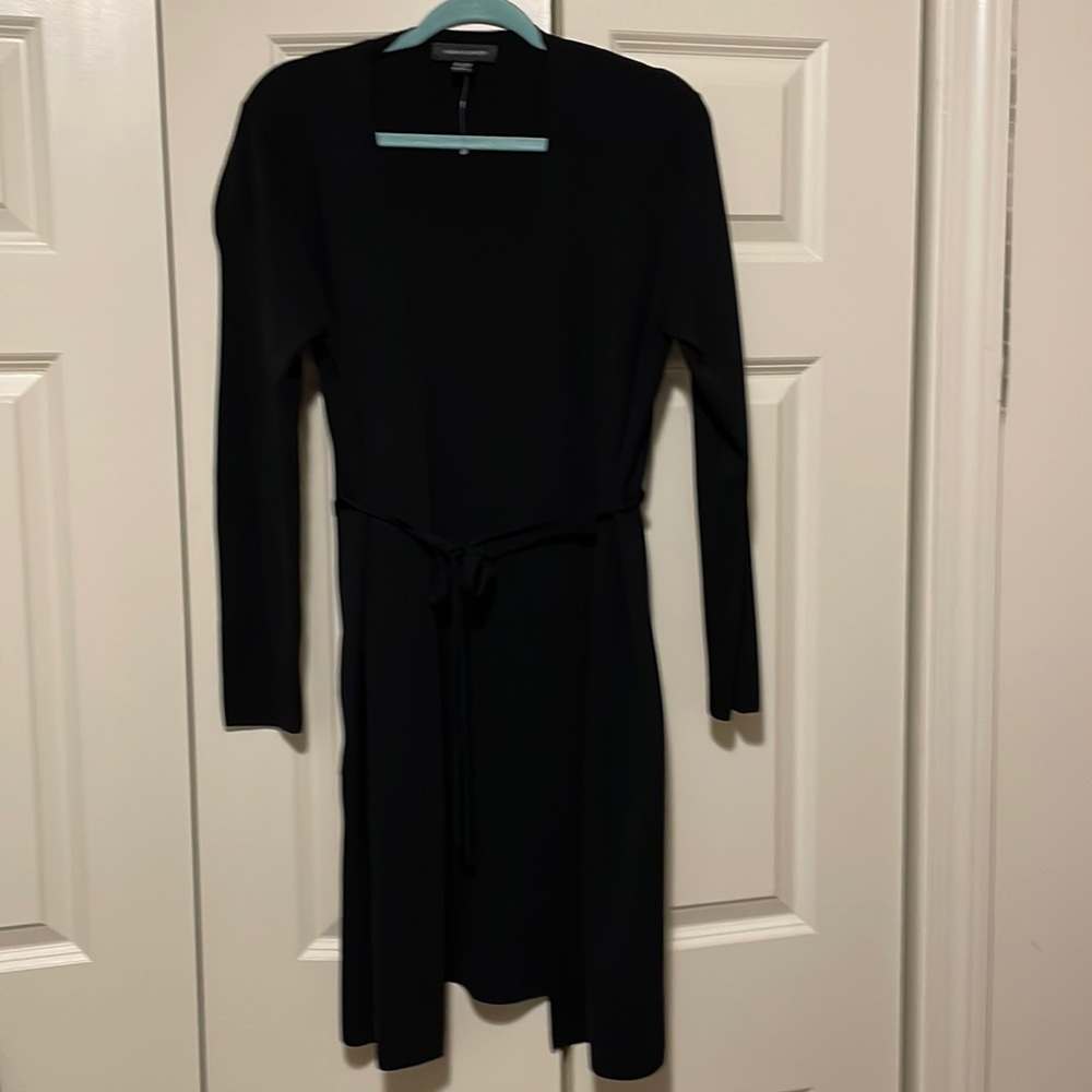 Womens size L black cable and Gage long open sweater belted and no buttons